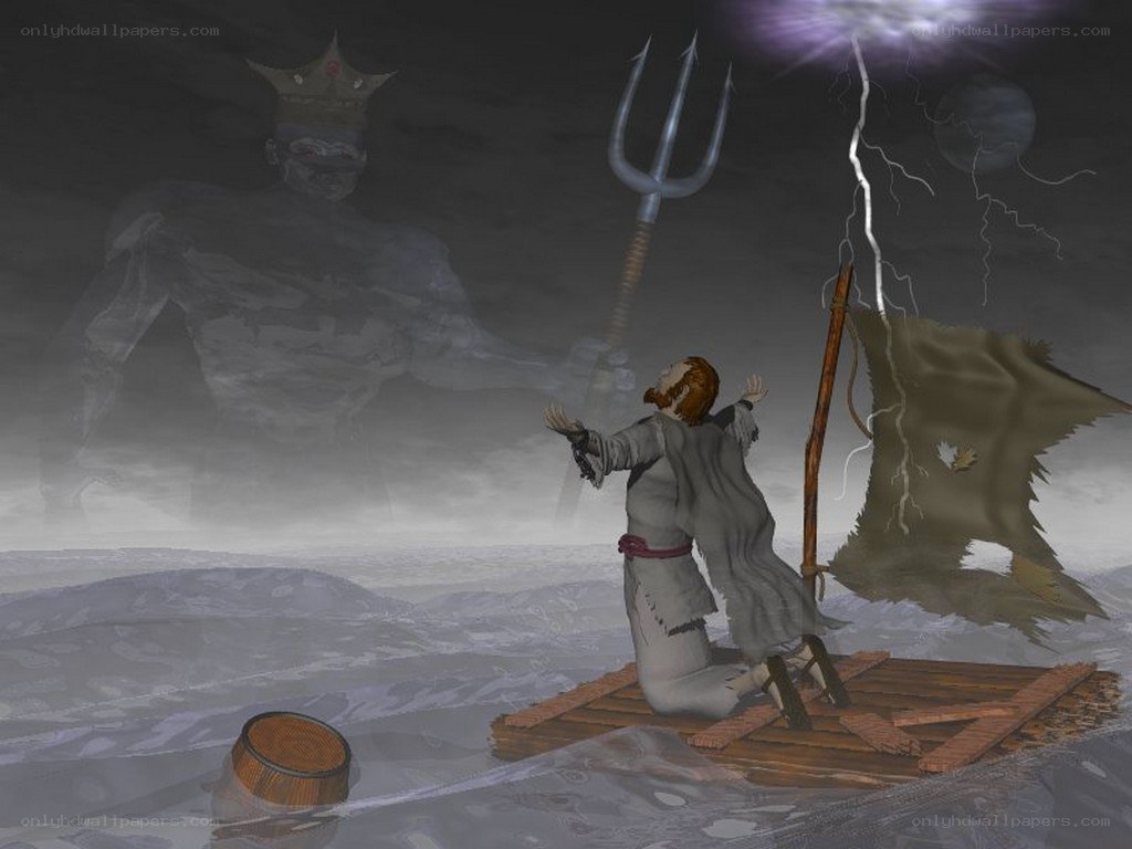 Man on raft facing sea monster