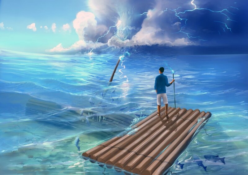 Man on Raft in Ocean — Blue