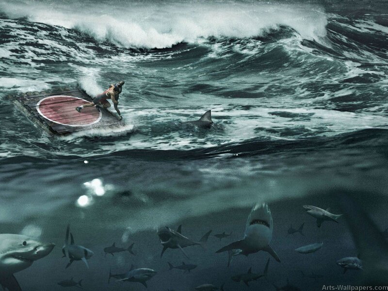 Man on Raft with Sharks