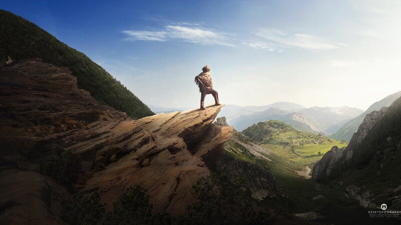 Man on Rocky Cliff — Blue, Serene