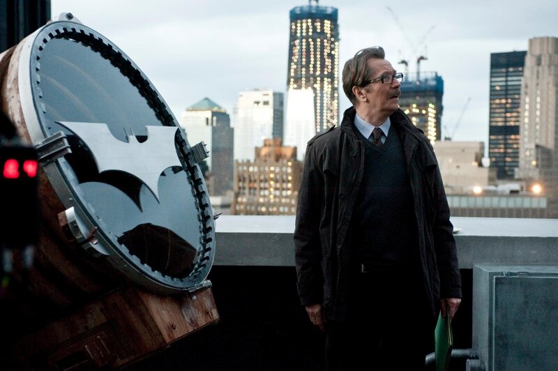 Man on Rooftop with Bat Symbol — Gray