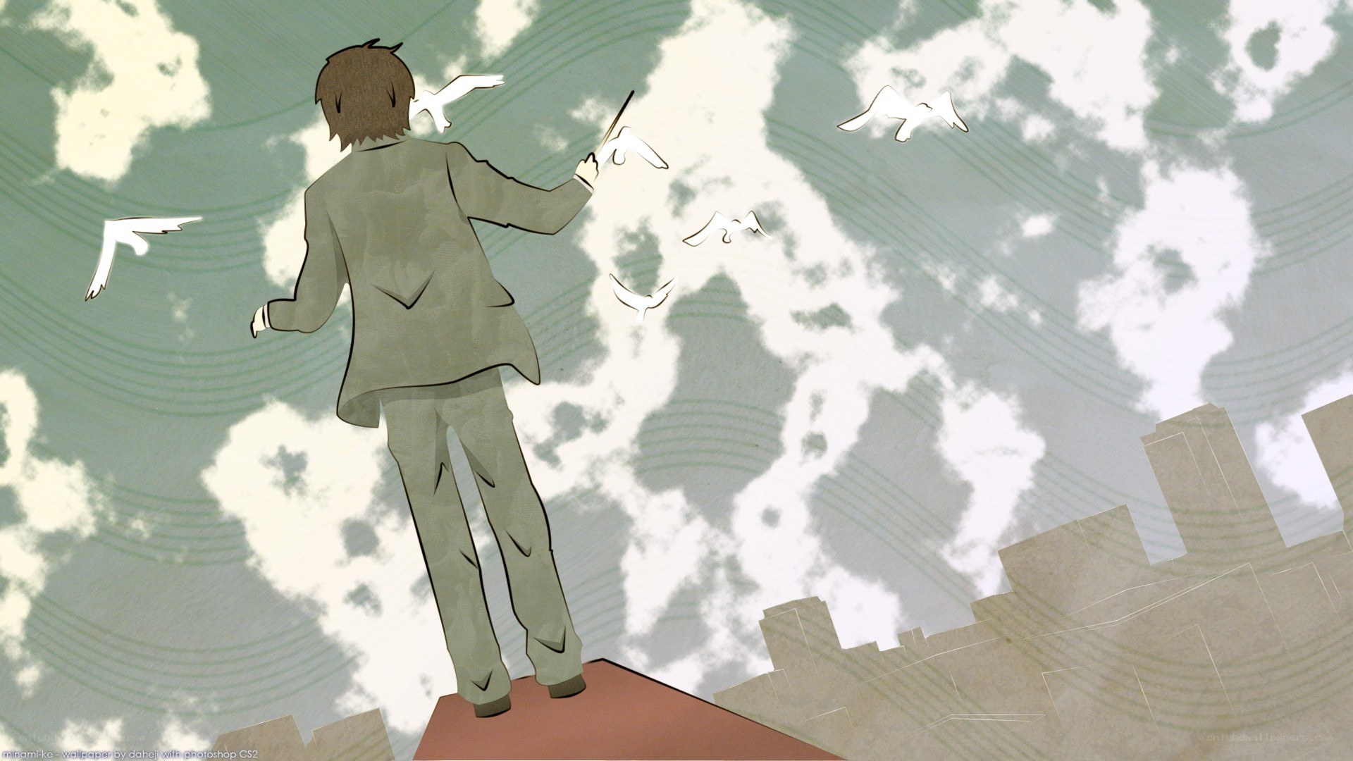 man on rooftop with birds