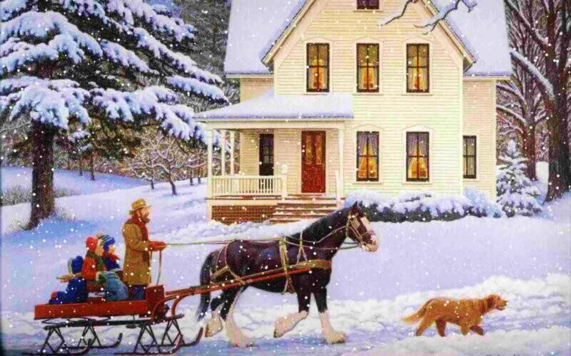 Man on Sleigh with Horse — White
