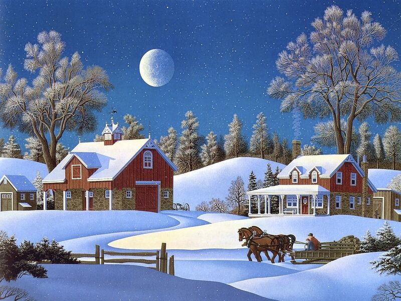 Man on Sleigh with Horses — Blue, Serene, Night