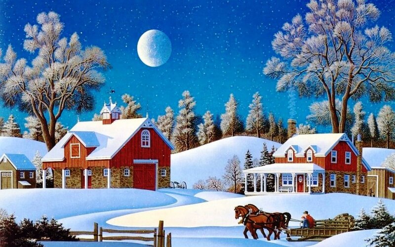 Man on Sleigh with Horses — Blue