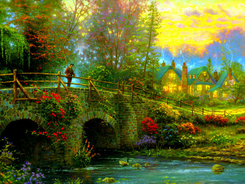 Man on Stone Bridge — Green, Serene, Sunset, Painting