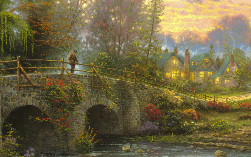 Man on Stone Bridge — Green, Serene, Sunset