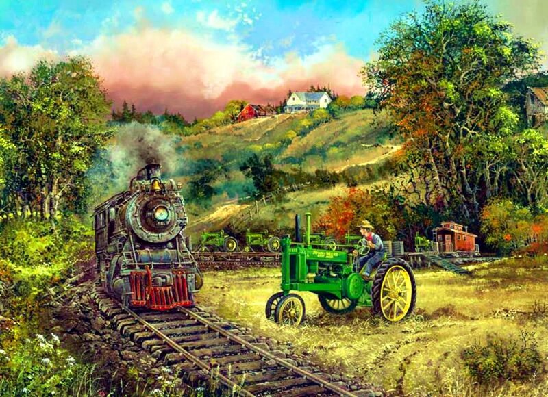 Man on Tractor with Train