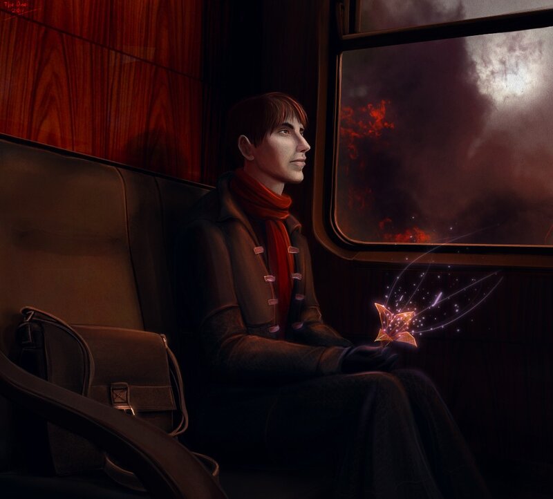 man on train with glowing object