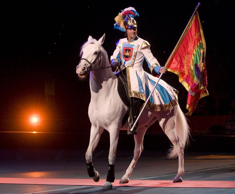 Man on White Horse — Dramatic, Night, Photograph