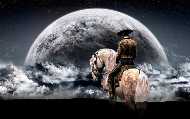 Man on White Horse — Dramatic, Night