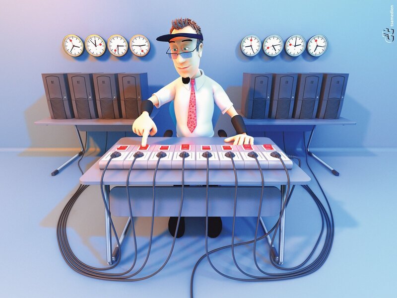 man operating control panel