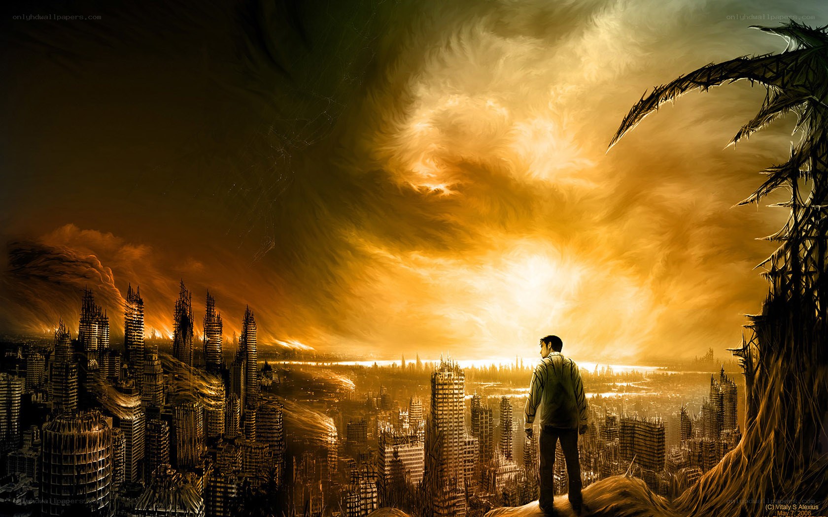 Man overlooking a ruined city