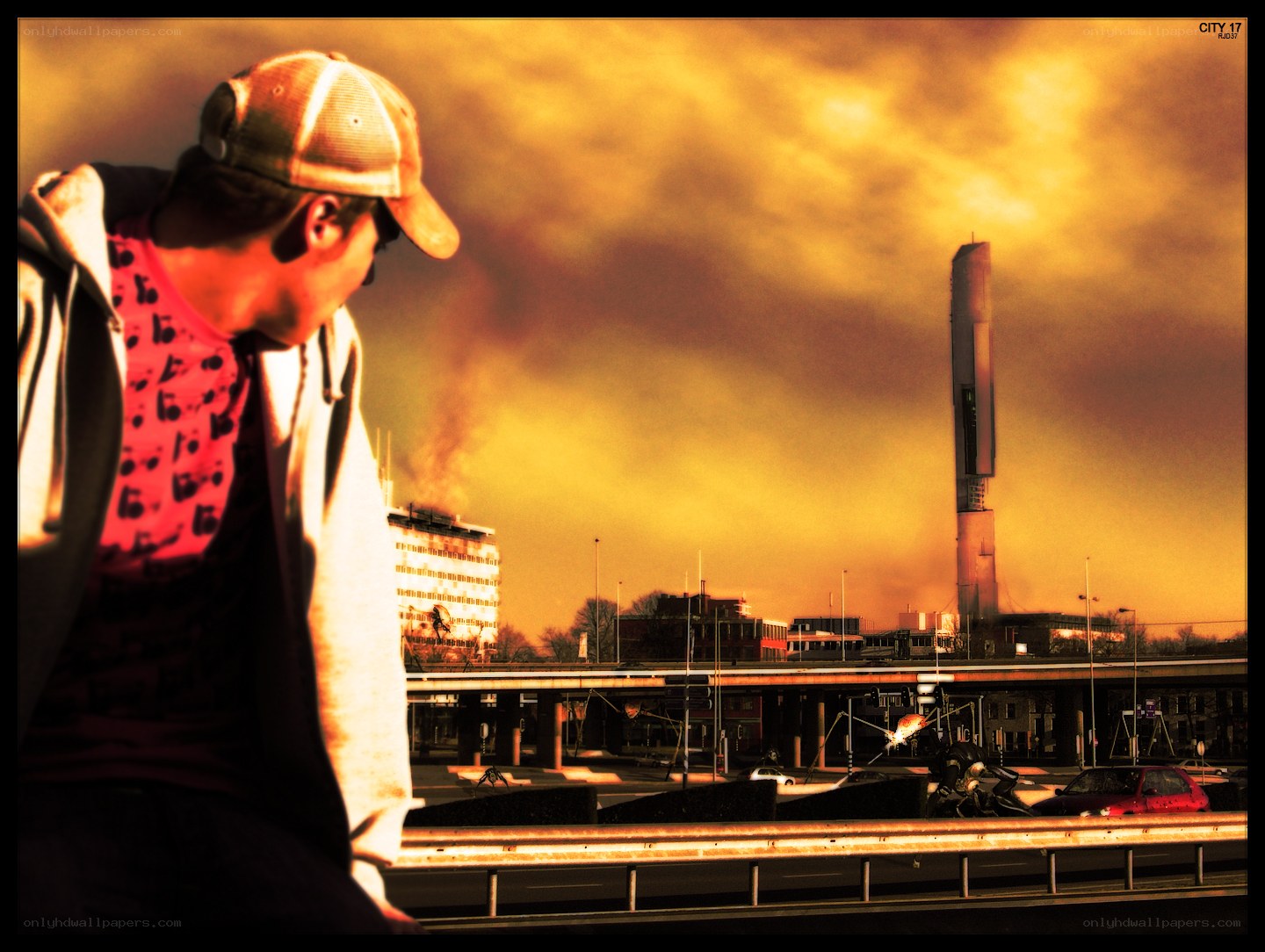 Man overlooking city at sunset