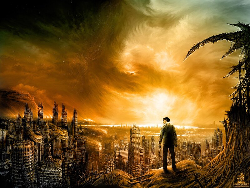 Man Overlooking Ruined City — Orange, Dramatic, Sunset, Digital Art, Ruined Buildings