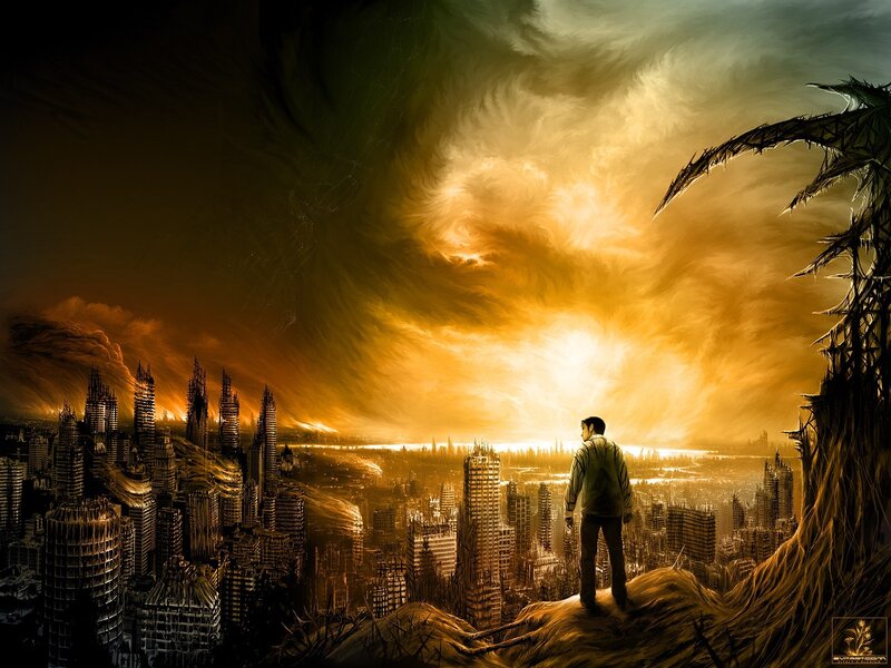 Man Overlooking Ruined City
