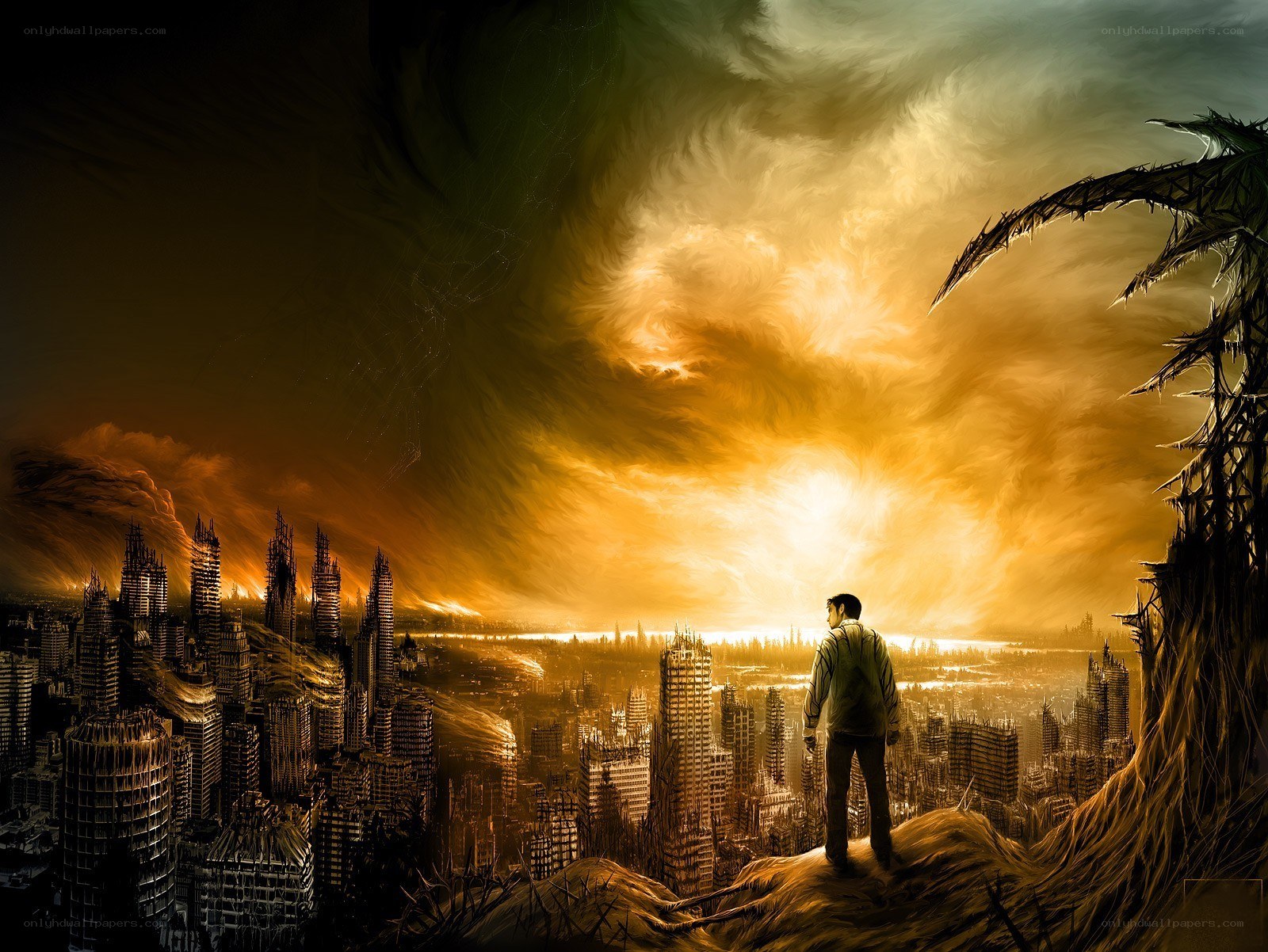 Man overlooks a ruined city