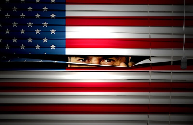 Man Peeking Through Blinds — Red