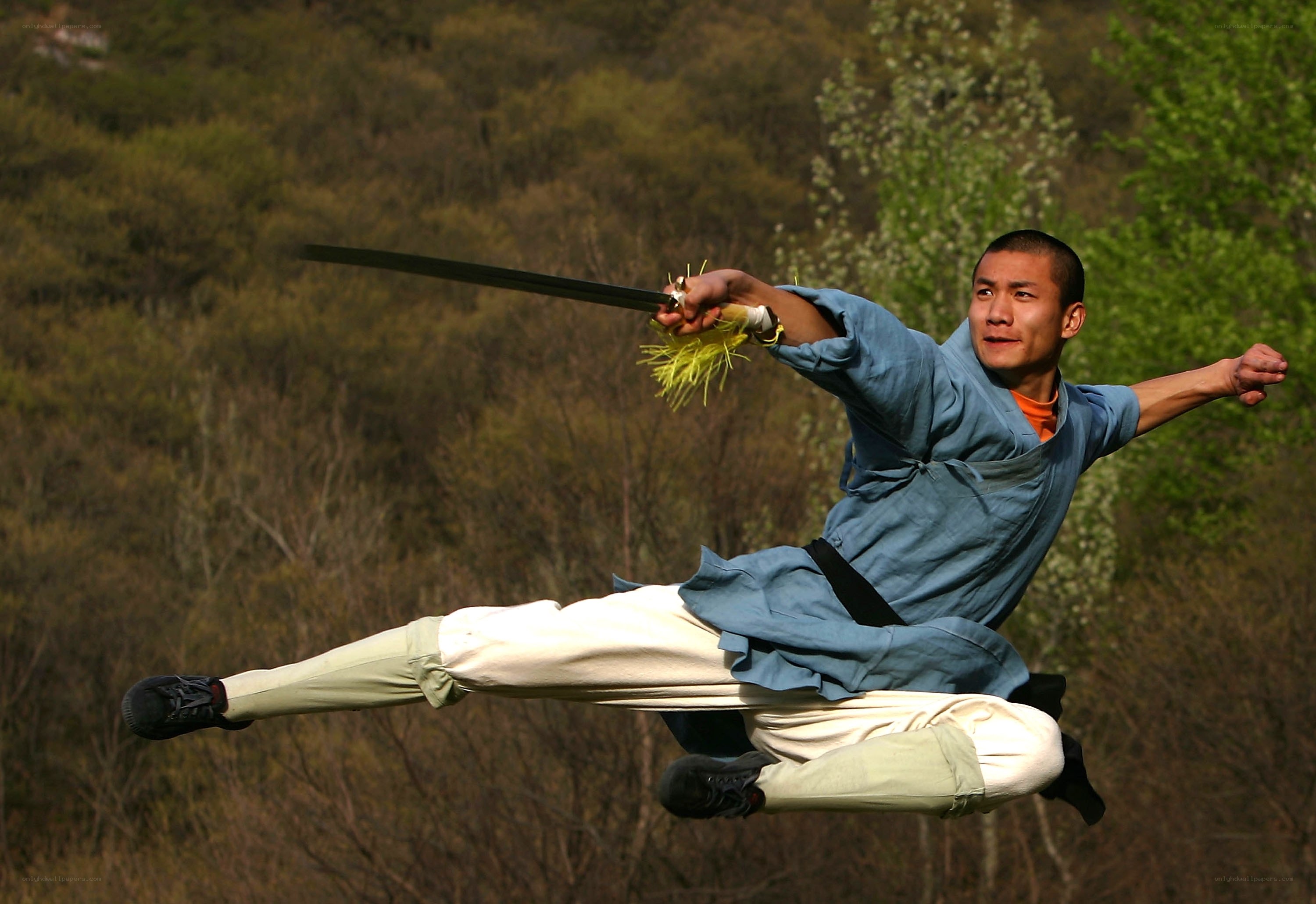 Man performing martial arts with sword