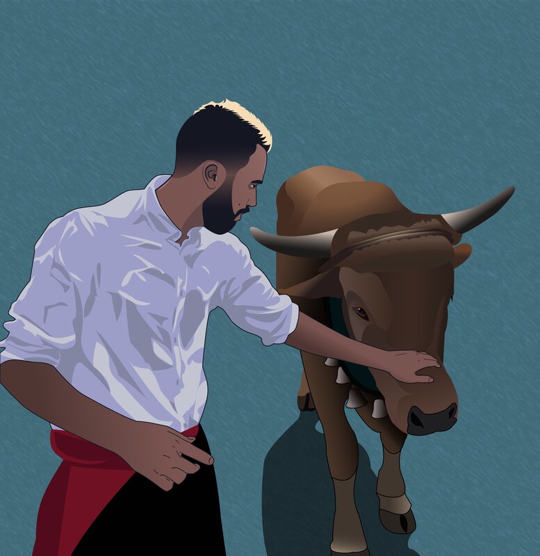 Man Petting a Bull