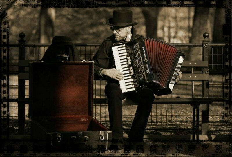 Man Playing Accordion — Black, Dramatic