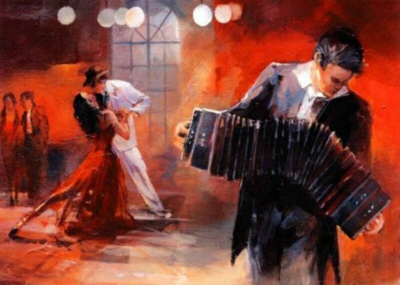 Man Playing Accordion — Red, Dramatic