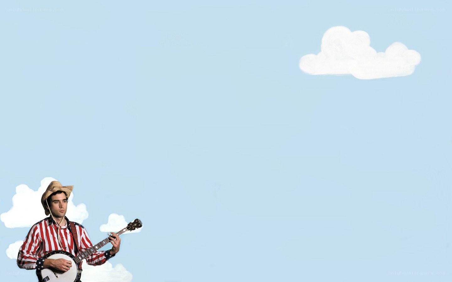 man playing banjo in sky