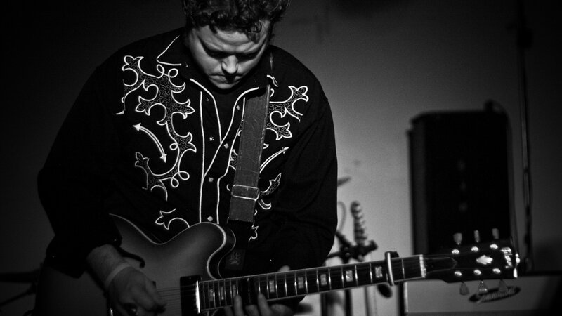 Man Playing Electric Guitar — Black, Focused, Night, Photograph