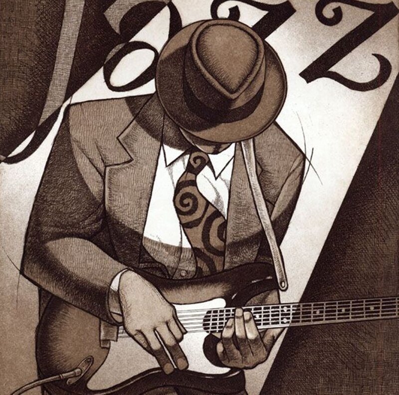 Man Playing Electric Guitar — Brown, Dramatic, Illustration