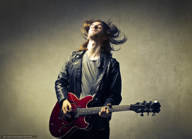 Man Playing Electric Guitar — Red, Dramatic, Photograph, Leather Jacket