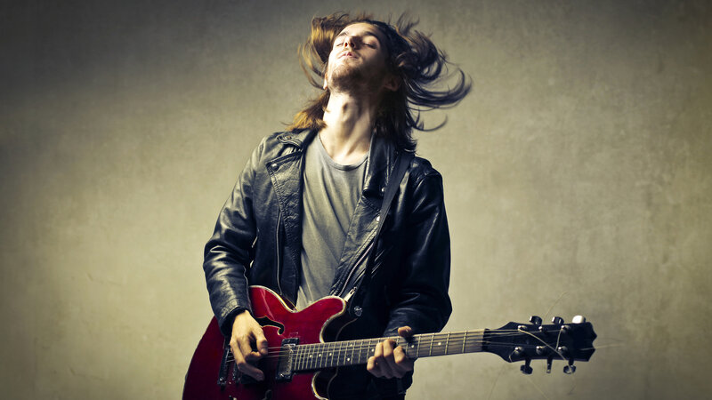 Man Playing Electric Guitar — Red, Dramatic