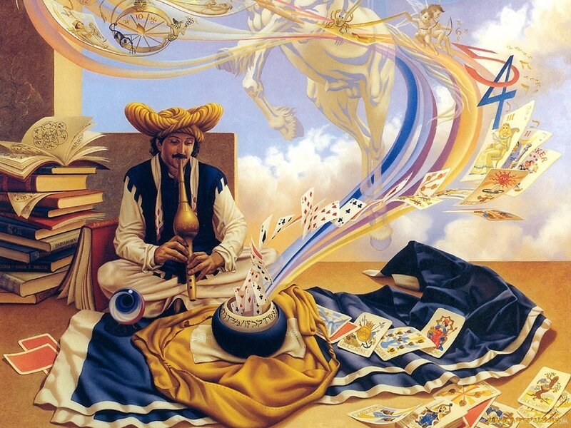 man playing flute with cards and books