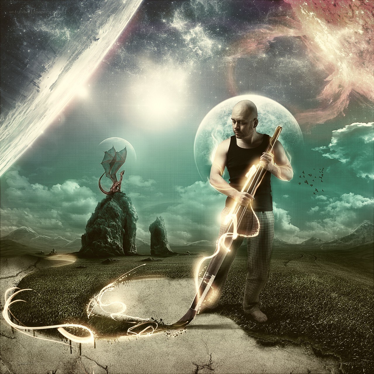 Man playing glowing cello on alien planet