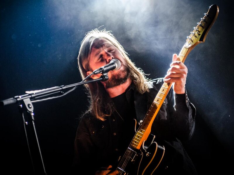 Man Playing Guitar — Black, Dramatic, Night, Photograph, Microphone, Stage Light