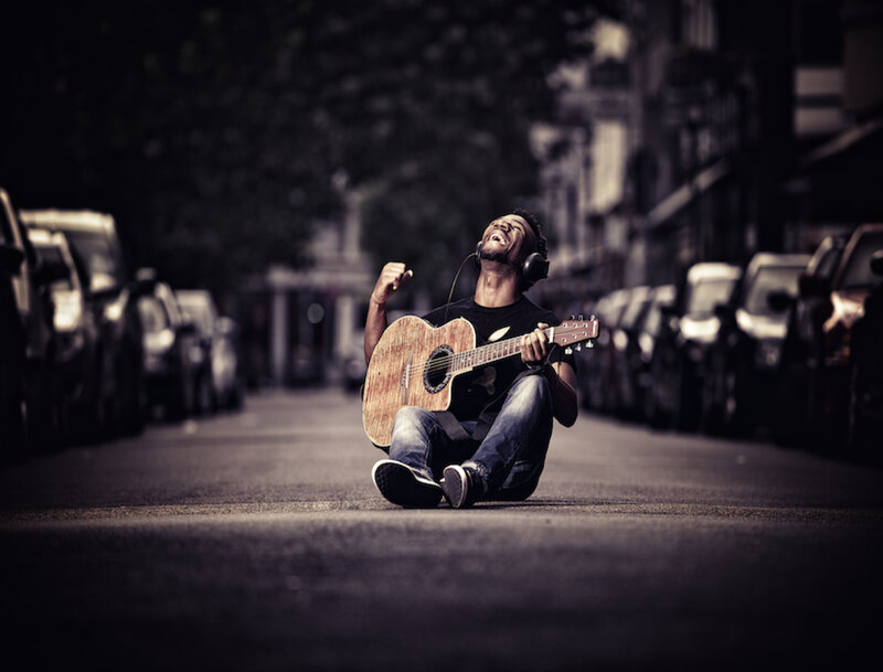 Man Playing Guitar — Black, Dramatic, Night, Photograph