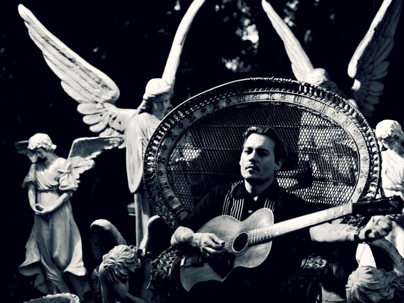 Man Playing Guitar — Black, Dramatic, Photograph, Angel Statues