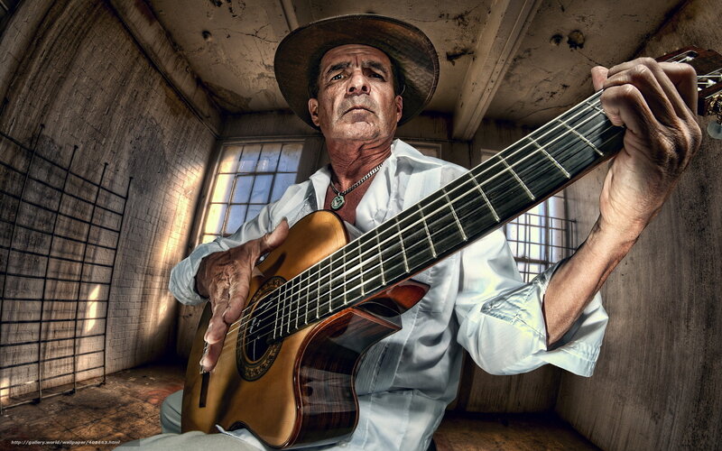 Man Playing Guitar — Brown, Dramatic, Photograph, Hat