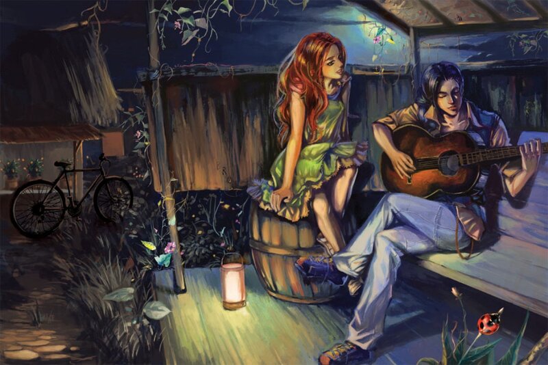 Man Playing Guitar for Woman — Blue