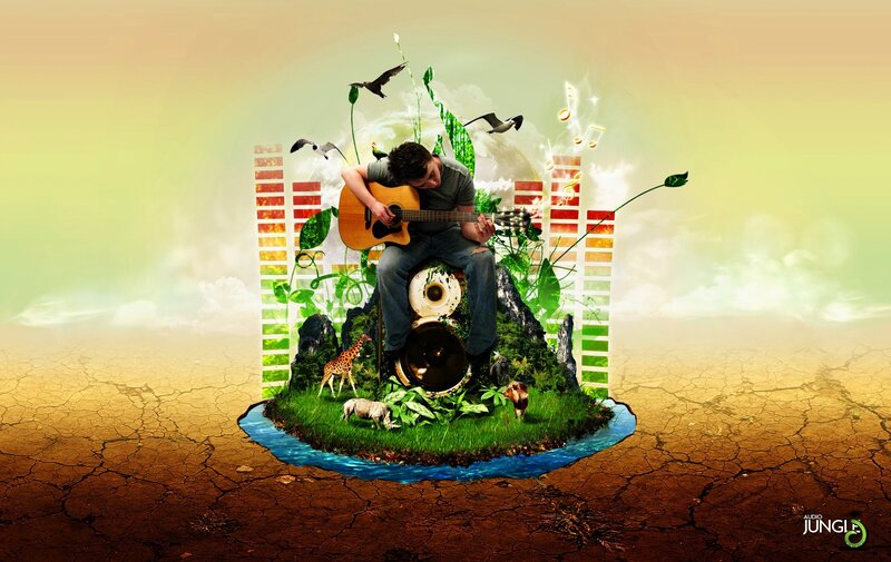 Man Playing Guitar on Island — Green