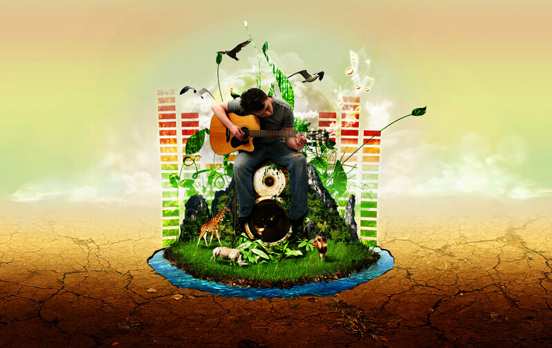 man playing guitar on island