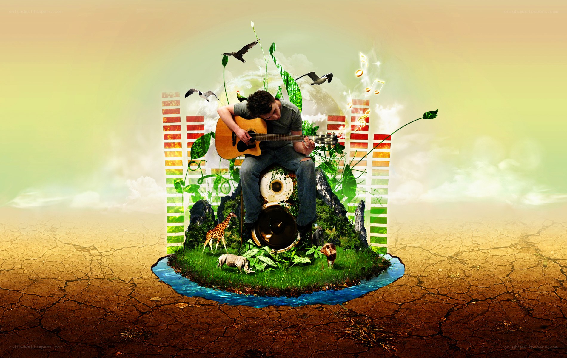 man playing guitar on island