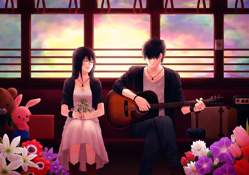 Man Playing Guitar with Woman — Purple