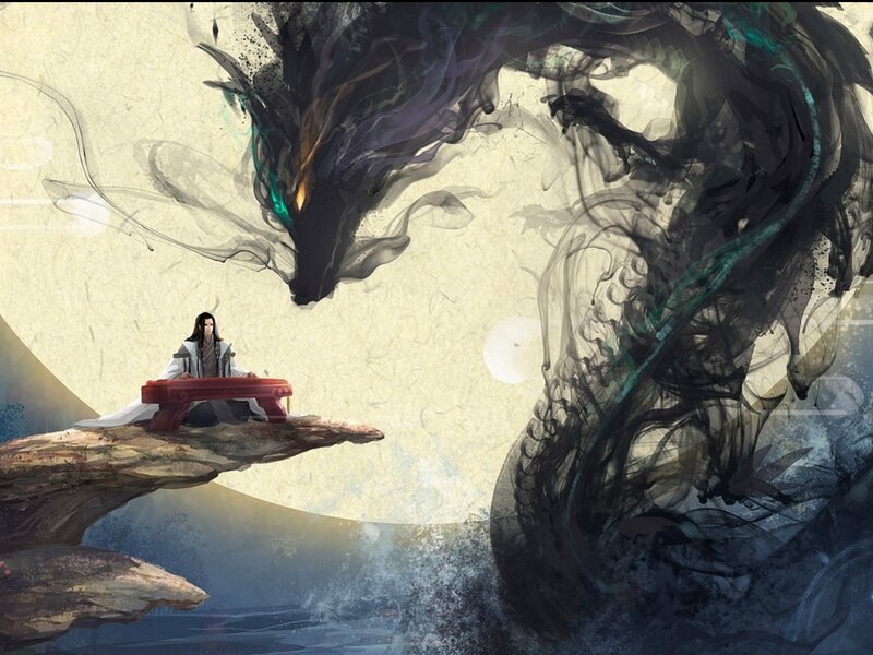 Man Playing Guqin on Cliff — Black