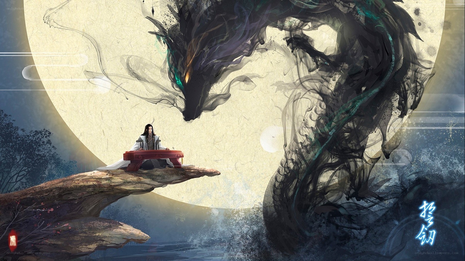 man playing guqin with dragon