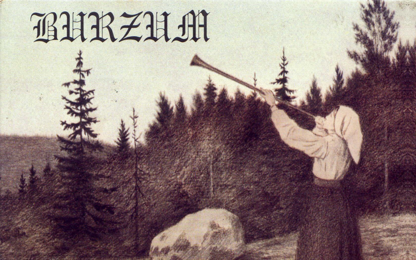 Man playing horn in forest