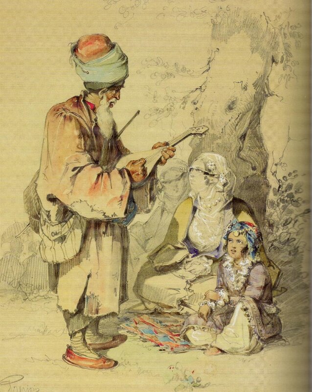 Man playing lute for two women