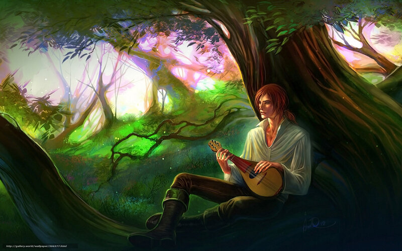 Man playing lute in forest