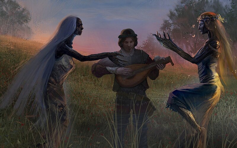 Man Playing Lute with Spirits — Green