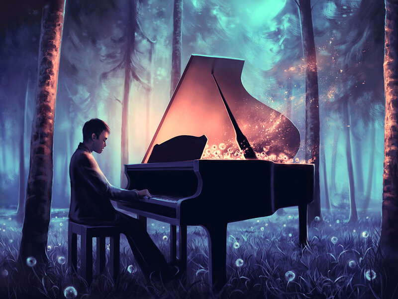 Man Playing Piano — Blue, Serene
