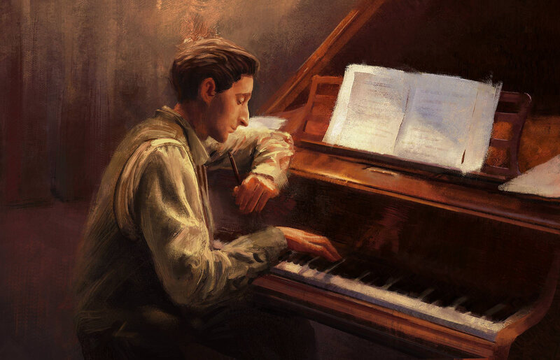 Man Playing Piano — Brown, Focused